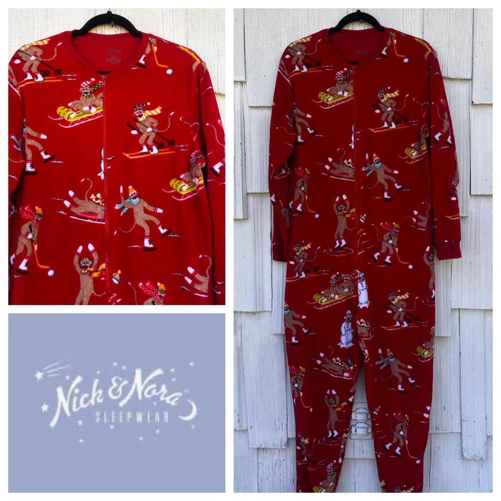 Nick‎ & Nora Sock Monkey Fleece One Piece Pajamas Union Suit Red Large